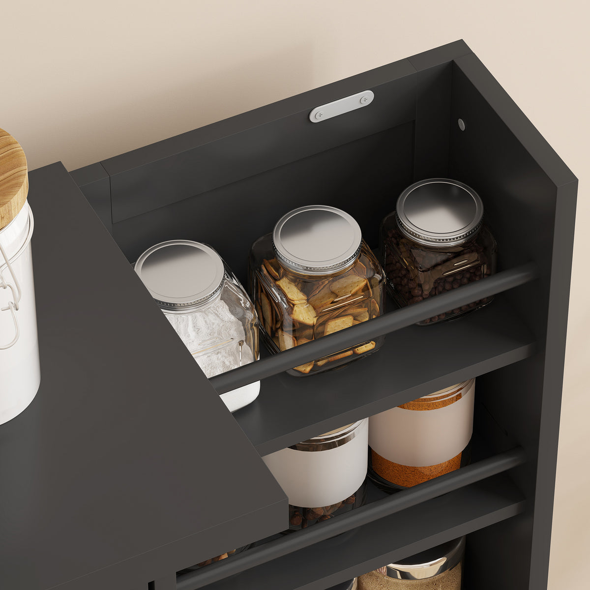 Armoire de Cuisine, Buffet Cuisine, avec 2 Portes, 12 Porte-Racks, 5 Compartiments et Étagères Réglables, Noir
