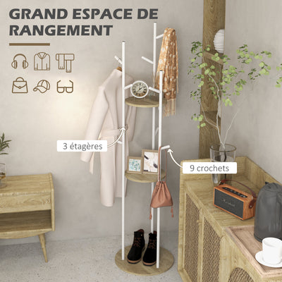 Porte-manteaux sur pied meuble d'entrée en acier avec 9 crochets et 2 étagères rondes Ø 40 x 167 cm naturel et blanc