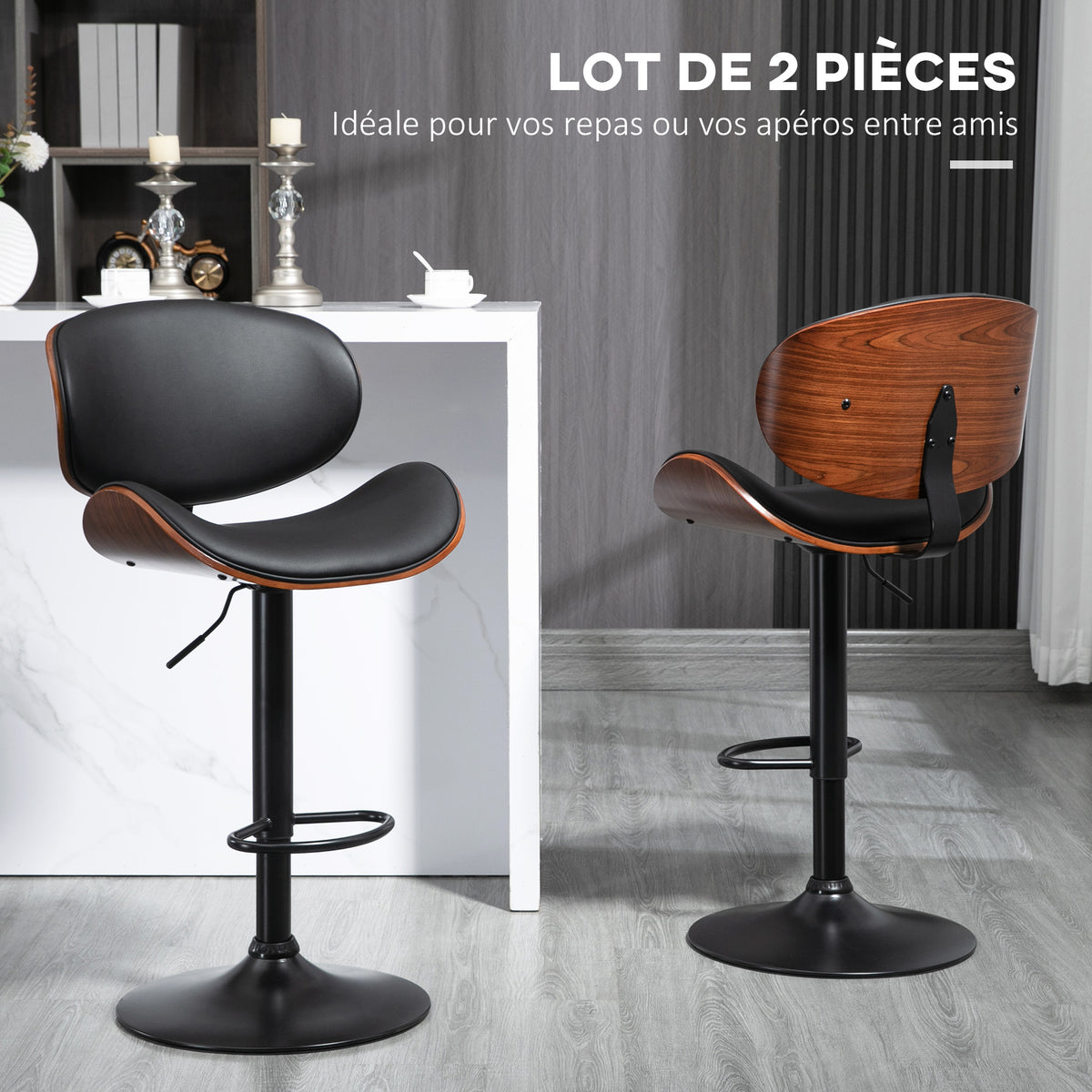 Lot de 2 chaises de bar tabouret hauteur réglable revêtement synthétique 53 x 52 x 92-112 cm noir