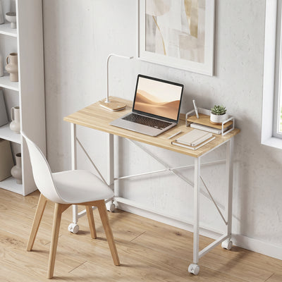 Bureau pliant table d'ordinateur 80 x 40 cm sur roulettes pour bureau à domicile, chambre, petits espaces, chêne