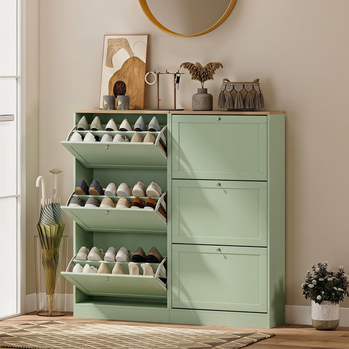Meuble à Chaussures Style Moderne, 3 Portes Abattantes, 18 Paires de Chaussures, 60 x 23,5 x 115 cm, Vert