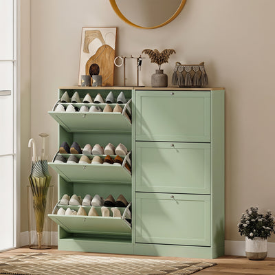 Meuble à Chaussures Style Moderne, 3 Portes Abattantes, 18 Paires de Chaussures, 60 x 23,5 x 115 cm, Vert