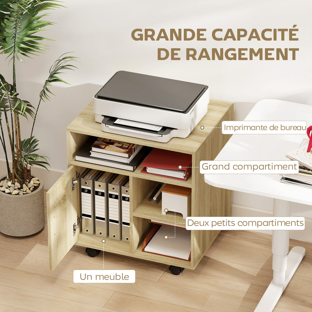 Support d'imprimante organiseur bureau caisson placard porte 3 niches + grand plateau panneaux particules bois naturel