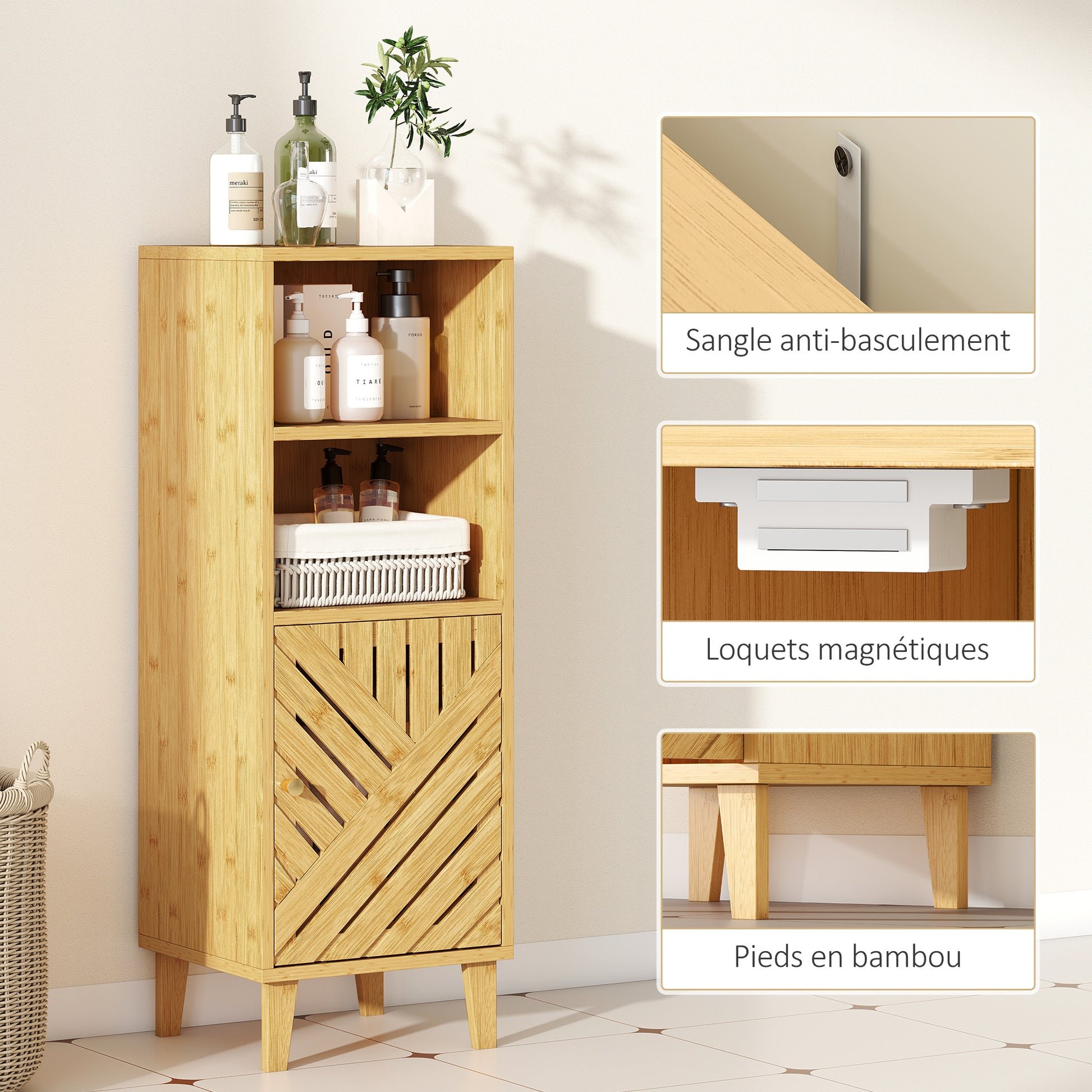 Meuble de salle de bain, meuble de rangement avec 1 placard, 2 compartiment ouvert, 32 x 30 x 90 cm, effet bois naturel
