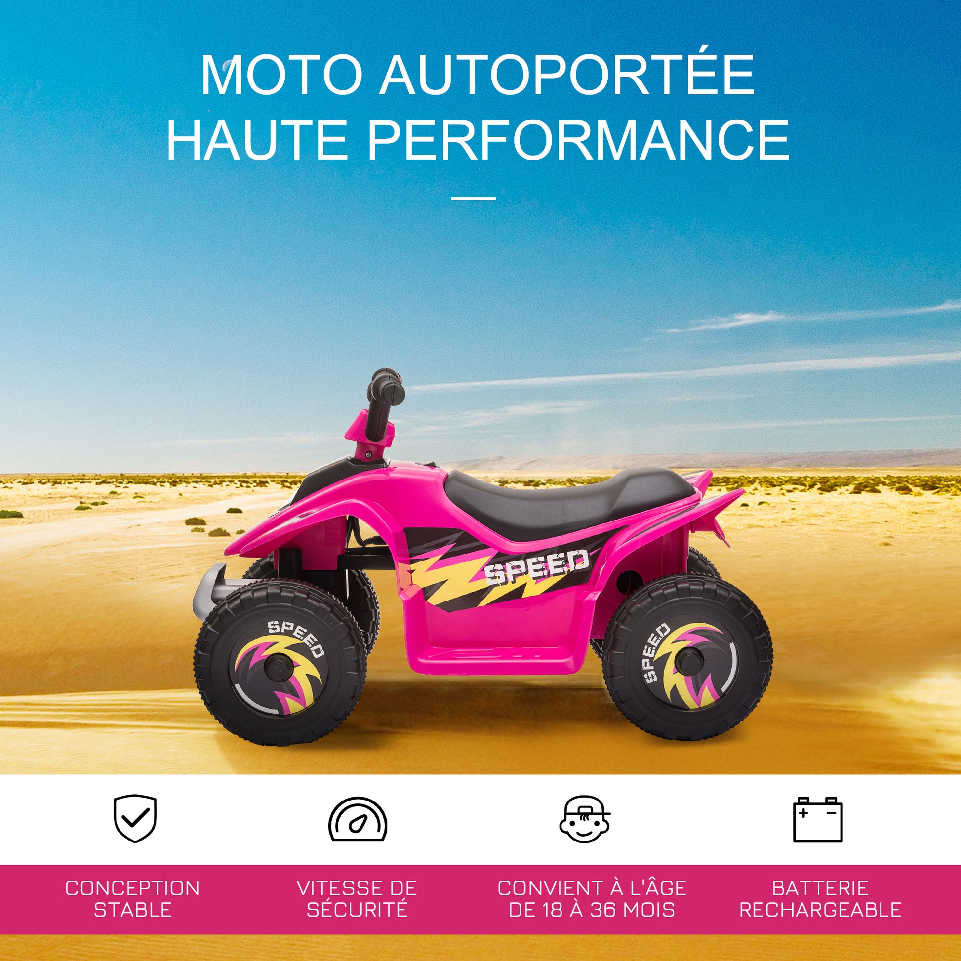 Quad électrique pour enfants 18-36 mois véhicule à batterie 6V avec marche avant et arrière 72 x 40 x 45,5 cm rose