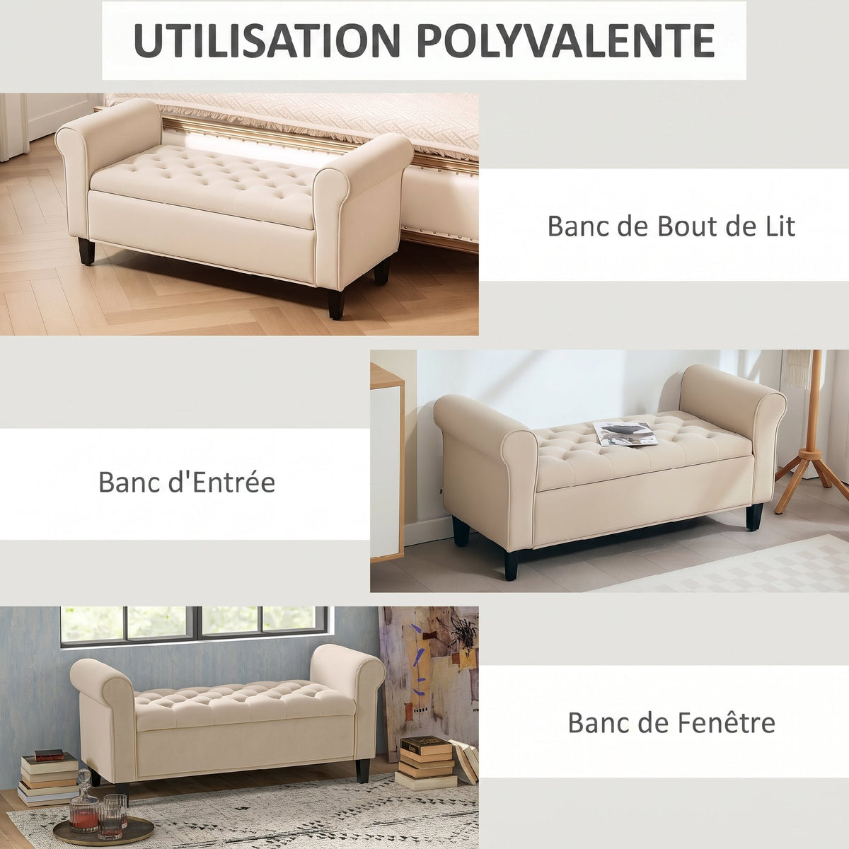 Banc de rangement bout de lit avec accoudoirs, tissu effet velours rembourré et capitonné, 126 x 48,5 x 57 cm, beige Aosom