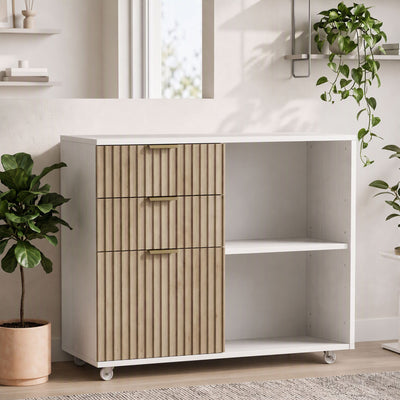 Support d'Imprimante sur Roulettes, 3 Tiroirs, 2 Étagères Ouvertes, Design Ondulé, 80x40x68cm, Blanc Chêne