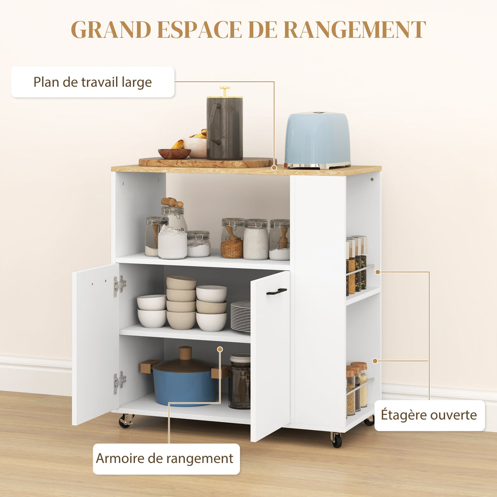 Desserte de cuisine à roulettes, Îlot central cuisine avec plan de travail et étagère réglable, 75x40x80,5cm, blanc