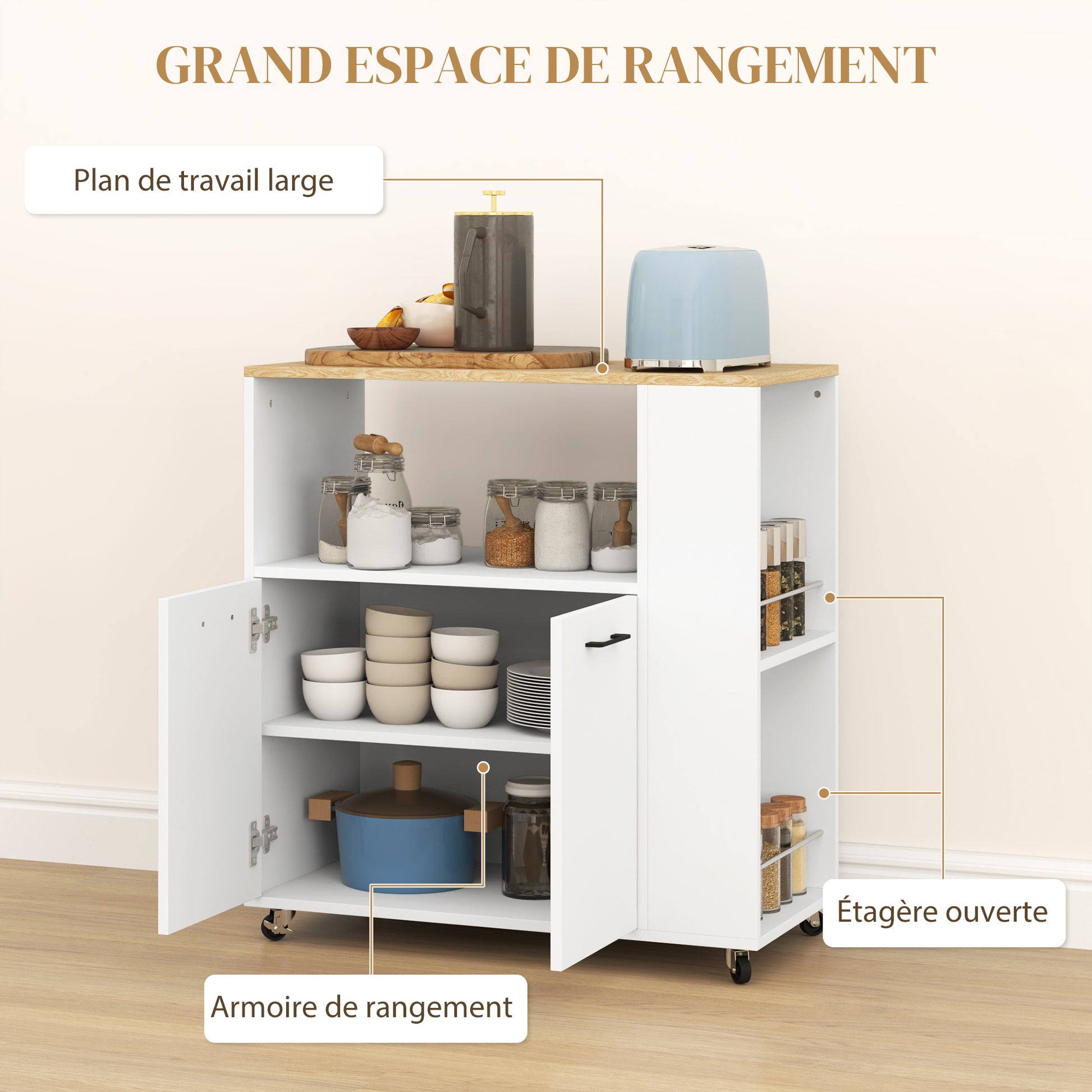 Desserte de cuisine à roulettes, Îlot central cuisine avec plan de travail et étagère réglable, 75x40x80,5cm, blanc