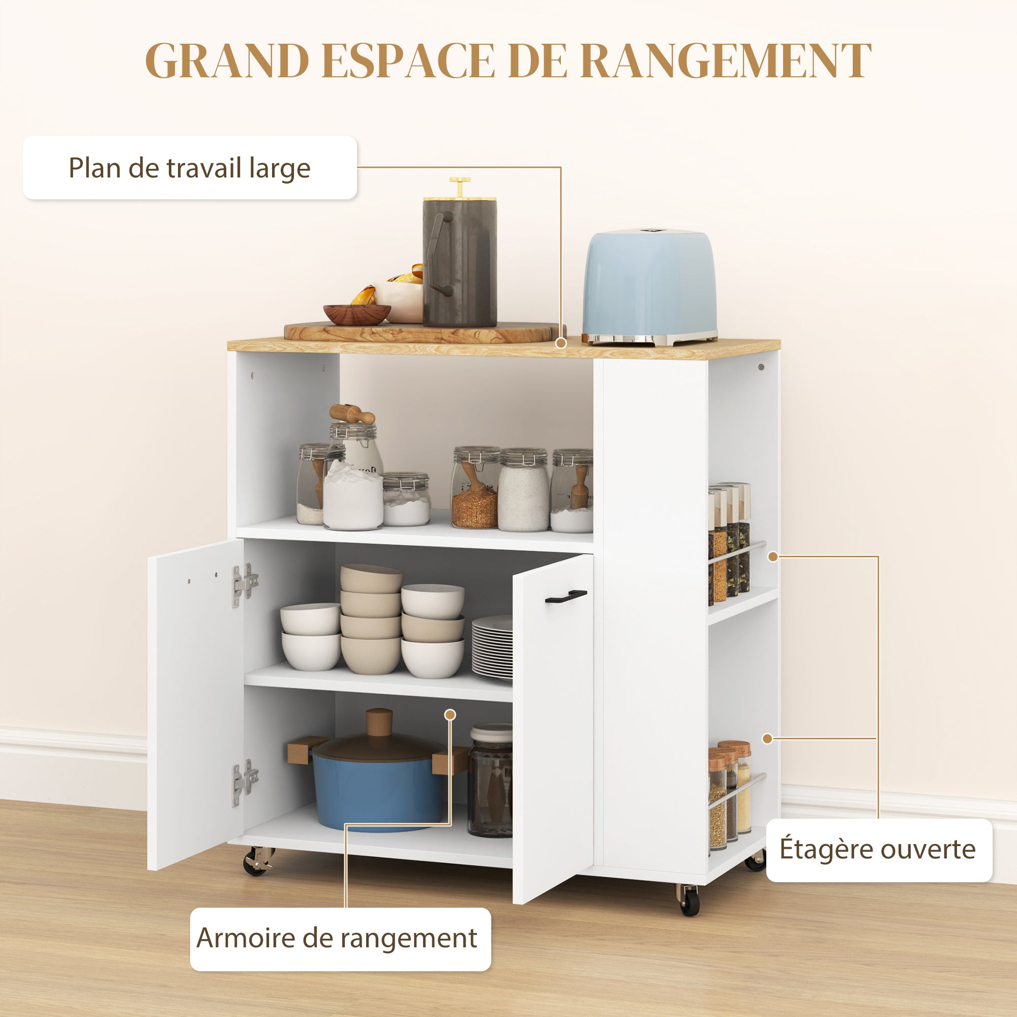 Desserte de cuisine à roulettes, Îlot central cuisine avec plan de travail et étagère réglable, 75x40x80,5cm, blanc