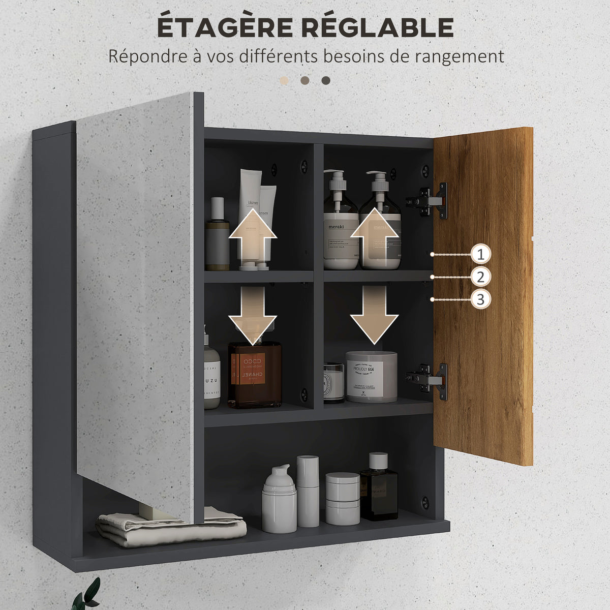 Armoire murale miroir de salle de bain placard de rangement 2 portes 55 x 17 x 55 cm naturel gris foncé
