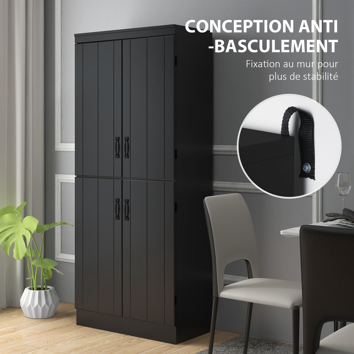 Buffet haut cuisine, armoire de cuisine avec 4 portes à 6 niveaux et étagères réglables, 76 x 40 x 176,7 cm, noir