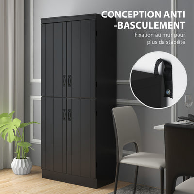 Buffet haut cuisine, armoire de cuisine avec 4 portes à 6 niveaux et étagères réglables, 76 x 40 x 176,7 cm, noir