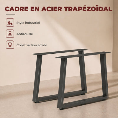 Pieds de table en acier, 60 x 43 cm, lot de 2 pieds de bureau trapezoïdes avec patins réglables et vis, noir
