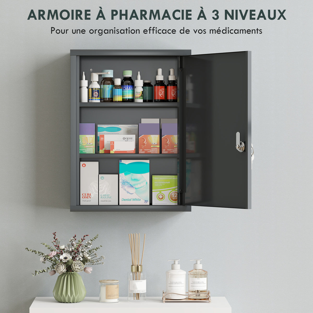Armoire à pharmacie murale en acier, armoire à médicaments à 3 niveaux porte verrouillable 2 clés, 40x15x53,5cm, gris