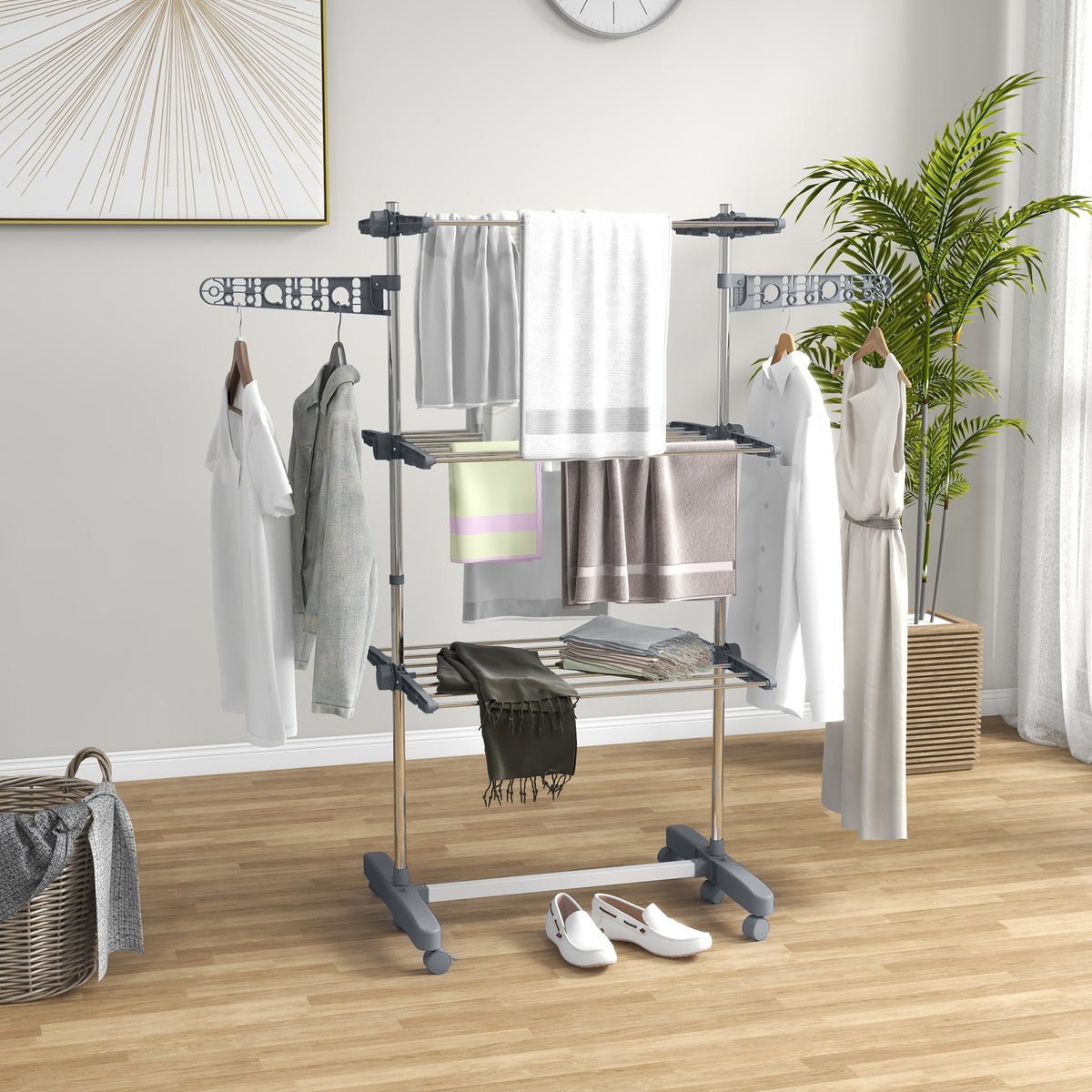 Séchoir à linge étendoir pliable ailes latérales utilisation intérieure et extérieure 3 niveaux 142 x 55 x 152 cm gris