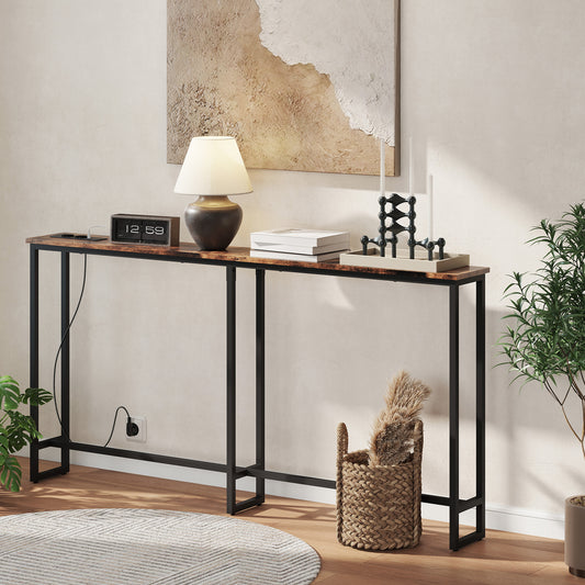 Table console étroite style industriel avec prises de courant et USB, pour salon entrée couloir, 160x20x80cm, marron