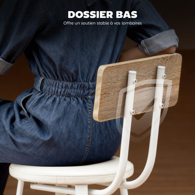 Lot de 2 tabourets de bar, chaises de bar, assise rembourrée 75,5H cm, dossier et repose-pieds, bois naturel et blanc
