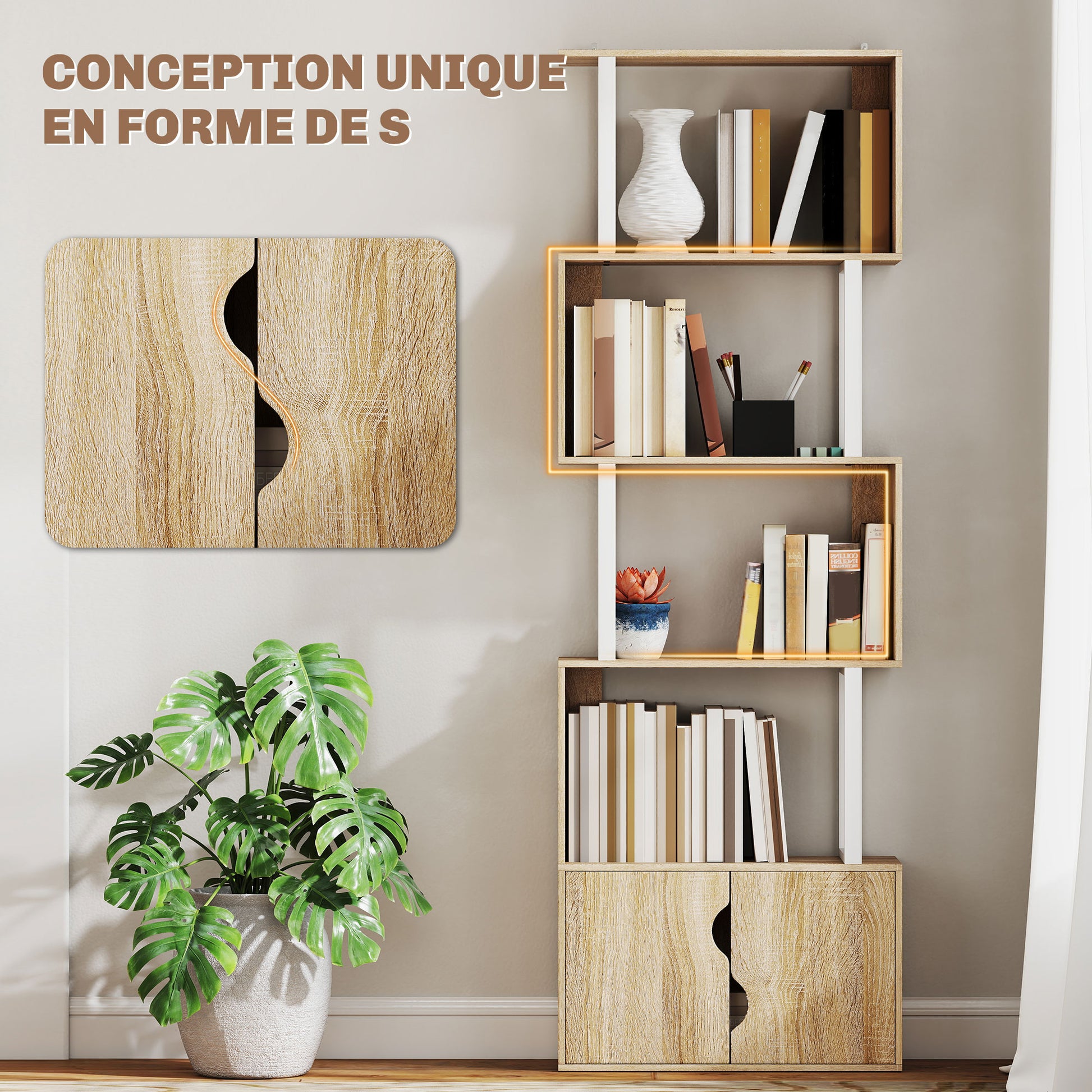 Bibliothèque à 5 niveaux, meuble de rangement avec étagères et placard double porte, 60 x 23,8 x 179,2 cm, bois naturel