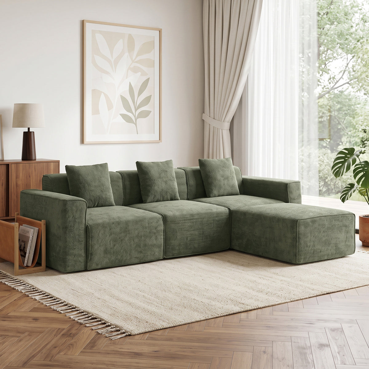 Canapé 3 Places avec Pouf Réversible, Canapé d'Angle Modulable en Chenille 251 cm Moderne, Assise Large, Vert Aosom