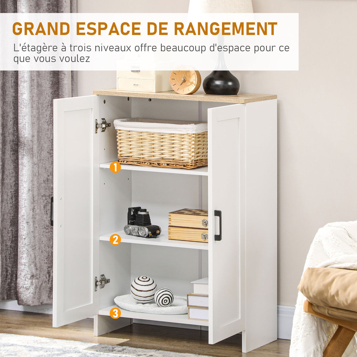 Buffet meuble cuisine rangement avec placard à portes et étagères réglables, 60 x 30 x 90 cm, blanc