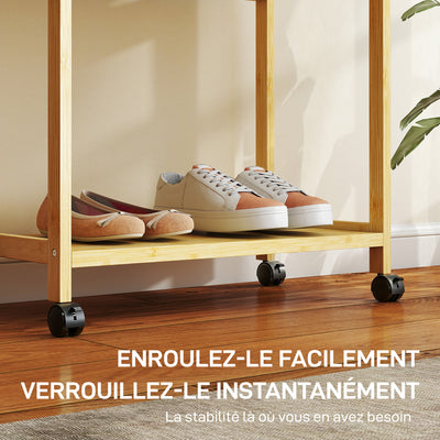 Portant à vêtements à roulettes, porte-manteau en bambou avec 2 étagères et tringle suspendue, 70x35x175cm, bois naturel