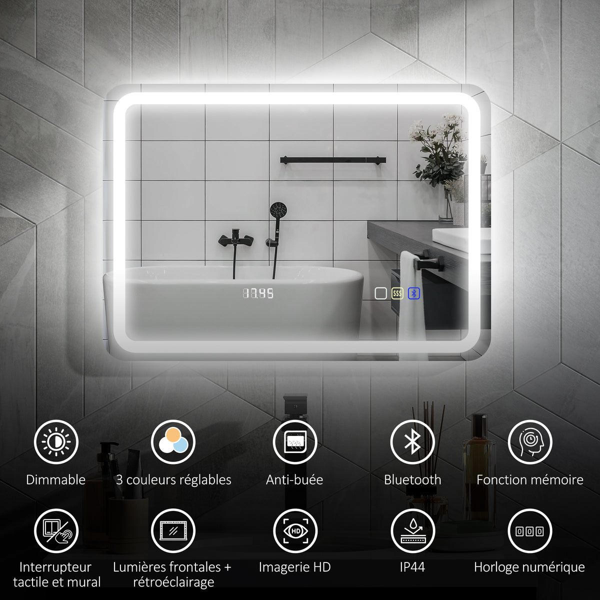 Miroir salle de bain Bluetooth avec éclairage LED 50 x 70 cm, miroir lumineux mural avec horloge, antibuée, argenté