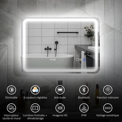 Miroir salle de bain Bluetooth avec éclairage LED 50 x 70 cm, miroir lumineux mural avec horloge, antibuée, argenté