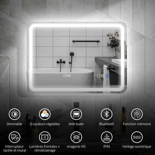 Miroir salle de bain Bluetooth avec éclairage LED 50 x 70 cm, miroir lumineux mural avec horloge, antibuée, argenté