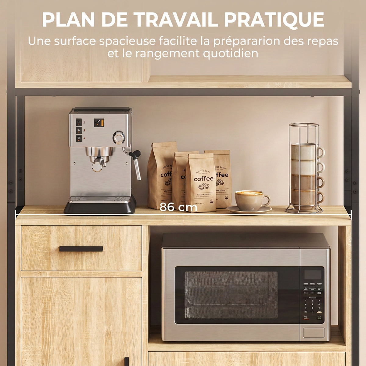 Buffet Haut Cuisine, Armoire de Cuisine, 3 Portes à Fermeture Douce, Tiroir, Plan de Travail, Niches Ouvertes, Naturel