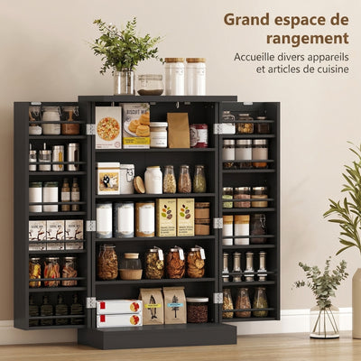 Armoire de Cuisine, Buffet Cuisine, avec 2 Portes, 12 Porte-Racks, 5 Compartiments et Étagères Réglables, Noir