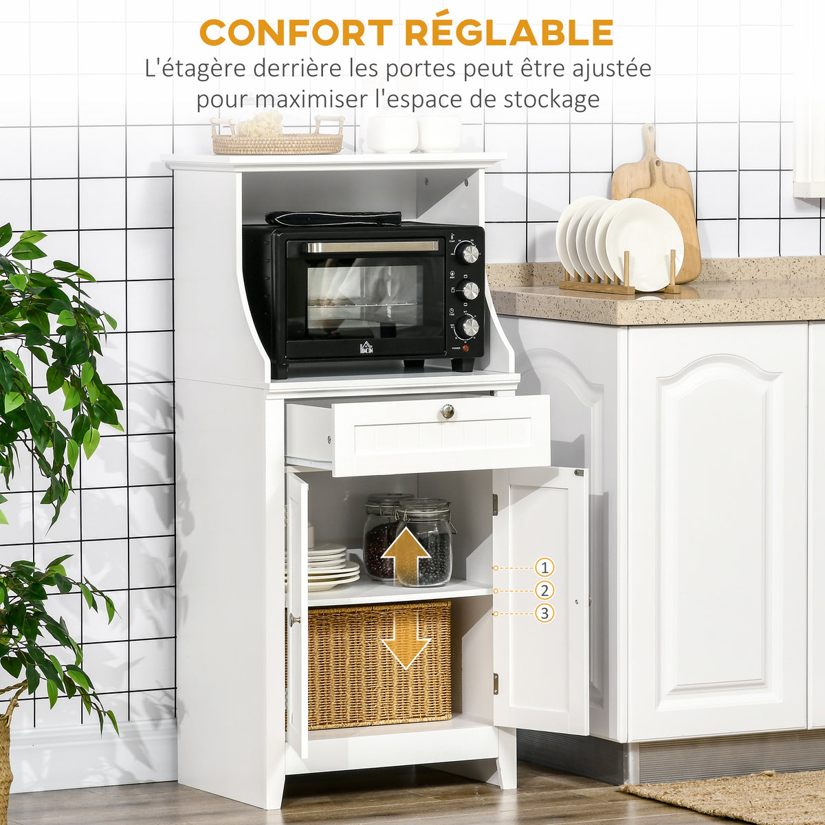 Meuble armoire micro-ondes pour cuisine avec 1 tiroir, 2 Portes 60 x 40 x 122,5 cm - MDF - Blanc