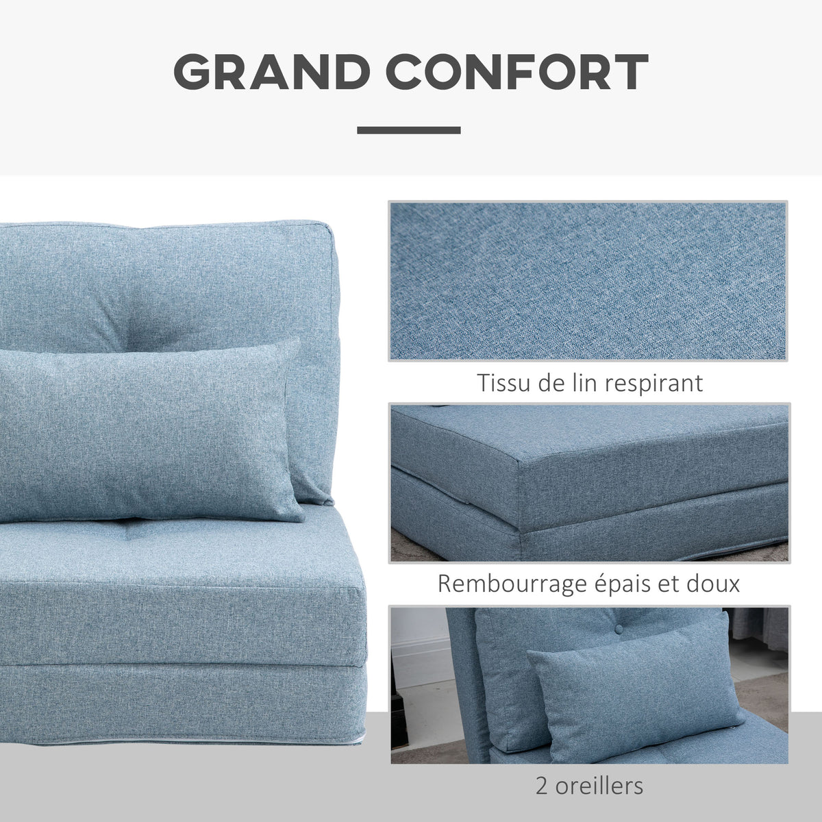 Chauffeuse canapé-lit convertible fauteuil 1 place avec 1 coussin avec dossier réglable, bleu
