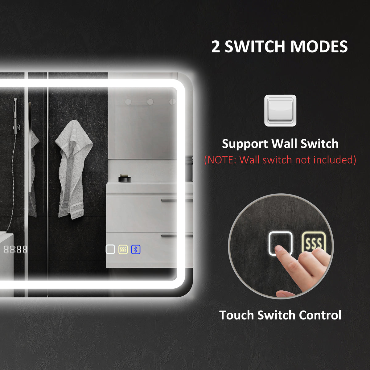 Miroir salle de bain Bluetooth avec éclairage LED 60 x 80 cm, miroir lumineux mural avec horloge, antibuée, argenté