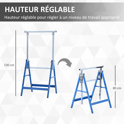 Lot de 2 Tréteaux Pliables Télescopiques Hauteur Réglable 80-130 cm Acier Bleu