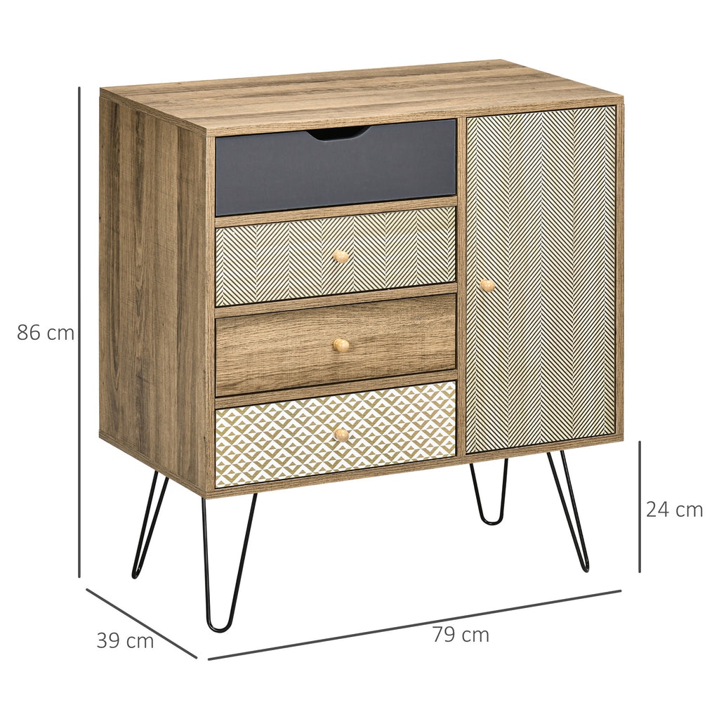 Meuble de rangement commode buffet 4 tiroirs 1 placard - pieds épingles à cheveux style bohème 79 x 39 x 86 cm marron