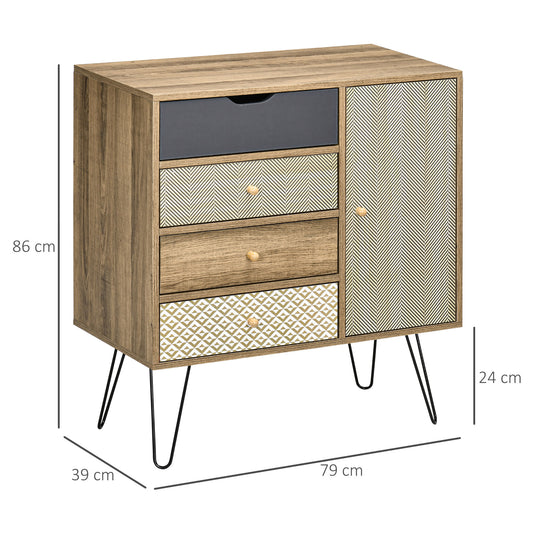 Meuble de rangement commode buffet 4 tiroirs 1 placard - pieds épingles à cheveux style bohème 79 x 39 x 86 cm marron