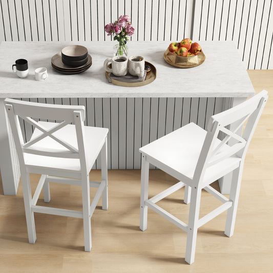 Lot de 2 chaises hautes, chaises de bar style campagne chic en bois hauteur 60 cm avec repose-pieds, blanc