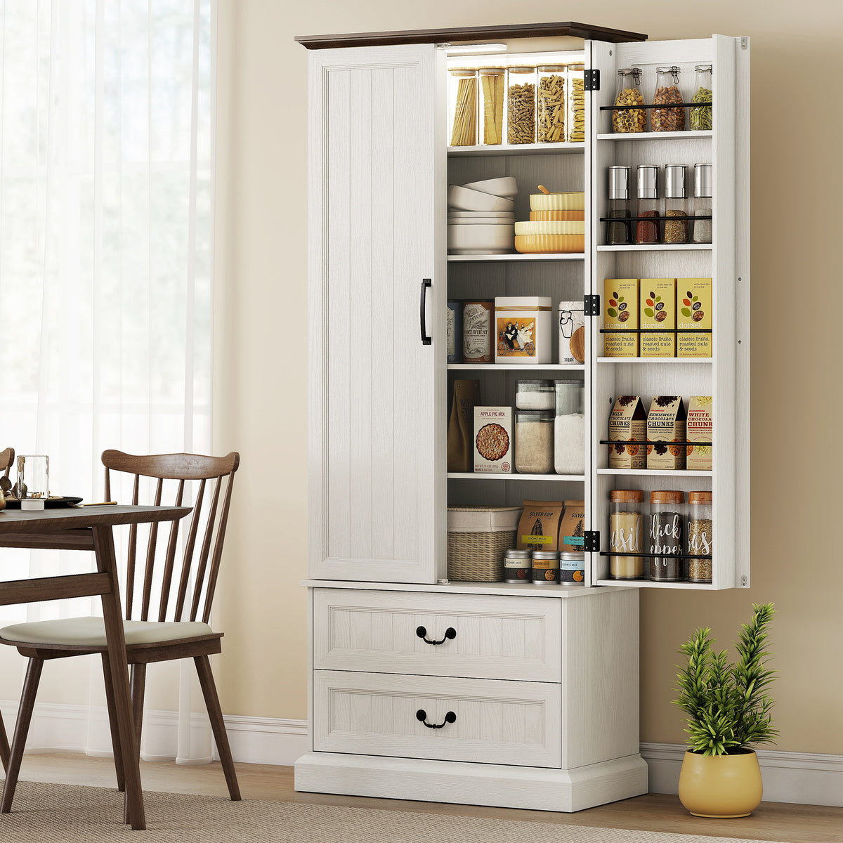 Buffet haut cuisine, armoire de cuisine, LED à capteur, 2 portes, tiroirs et étagères réglables, 76x39,5x183cm, blanc