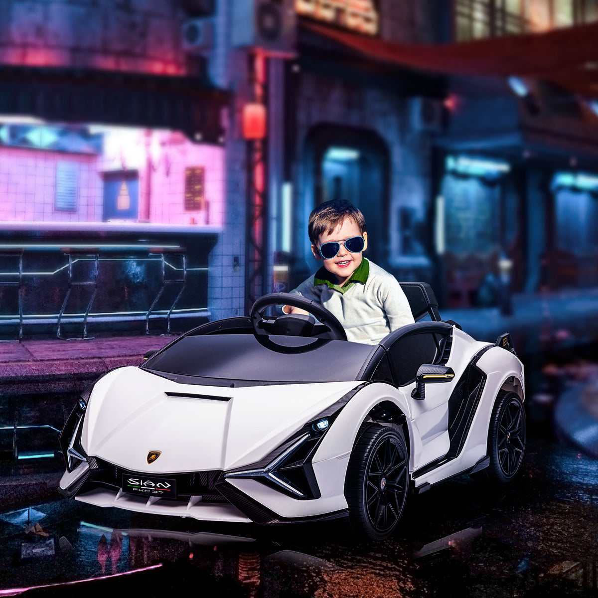 Voiture électrique Enfants de Sport Véhicule électrique Lamborghini Sian 12 V - V. Max. 5 Km/h avec Télécommande 2,4G Effets sonores + Lumineux Blanc