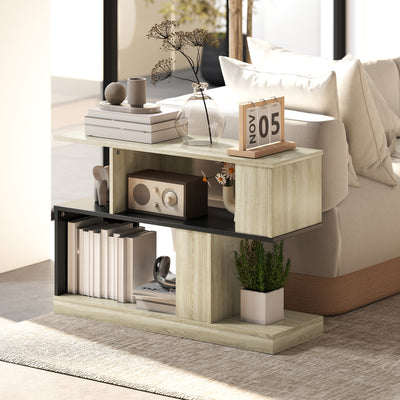 Table d'appoint en forme S, bout de canapé à 3 niveaux étagères de rangement, 90 x 30 x 61 cm, effet bois naturel noir