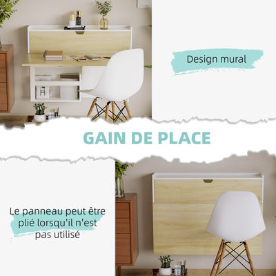 Bureau pliable mural avec étagères de rangement et placard, bureau rabattable, 100 x 18 x 74 cm effet bois naturel