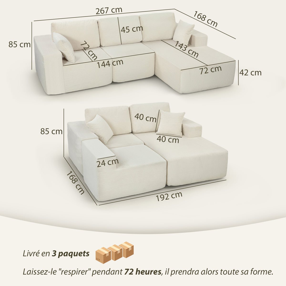 Canapé d'angle modulable 2 en 1, 267cm, canapé-lit 3 places en velours côtelé, larges assise et accoudoirs, crème