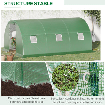 Serre de jardin tunnel 13,5 m² 6 fenêtres porte zippée enroulable châssis acier galvanisé bâche PE 4,5 x 3 x 2 m vert