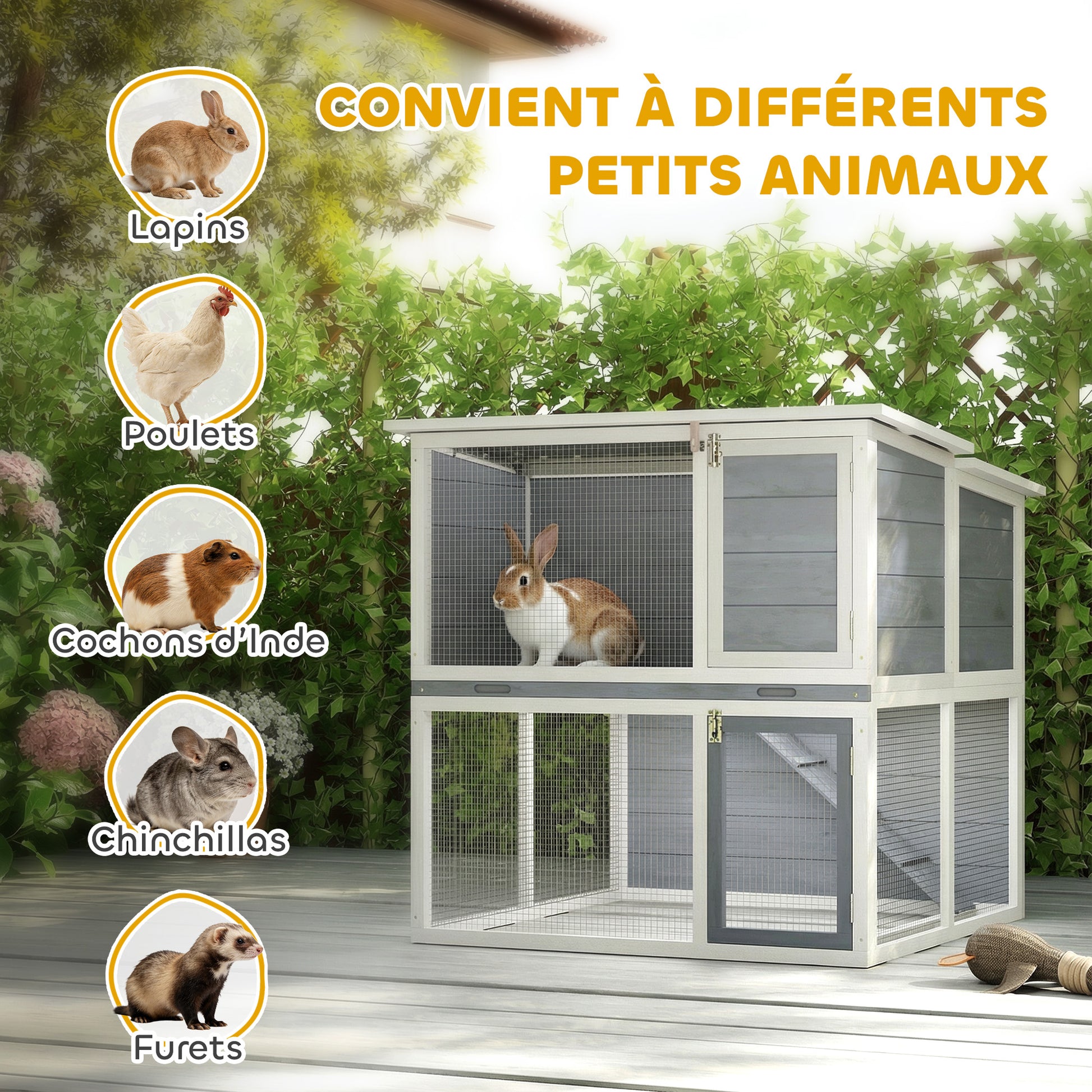 Clapier lapin extérieur cage à lapin 2 étages spacieux toit double ouverture plateau amovible 98x95x102,5cm gris