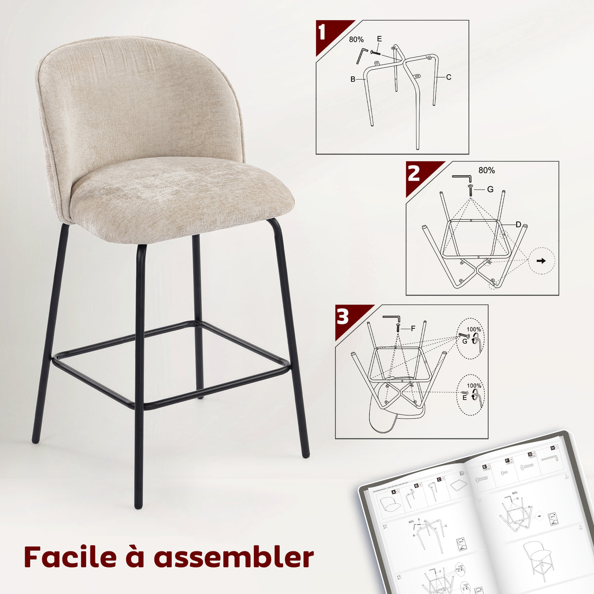 Lot de 2 tabourets de bar, chaises de bar avec repose-pieds et dossier, tissu en chenille, hauteur d'assise 68 cm, beige