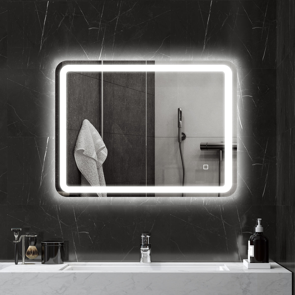 Miroir de salle de bain 60 x 80 cm, miroir LED mural avec 3 couleurs lumière, dimmable, mémoire, anti-buée, argent