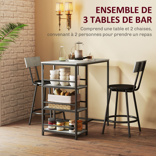 Ensemble table de bar avec 2 tabourets et étagères de rangement pour salle à manger, cuisine, gris et noir Aosom