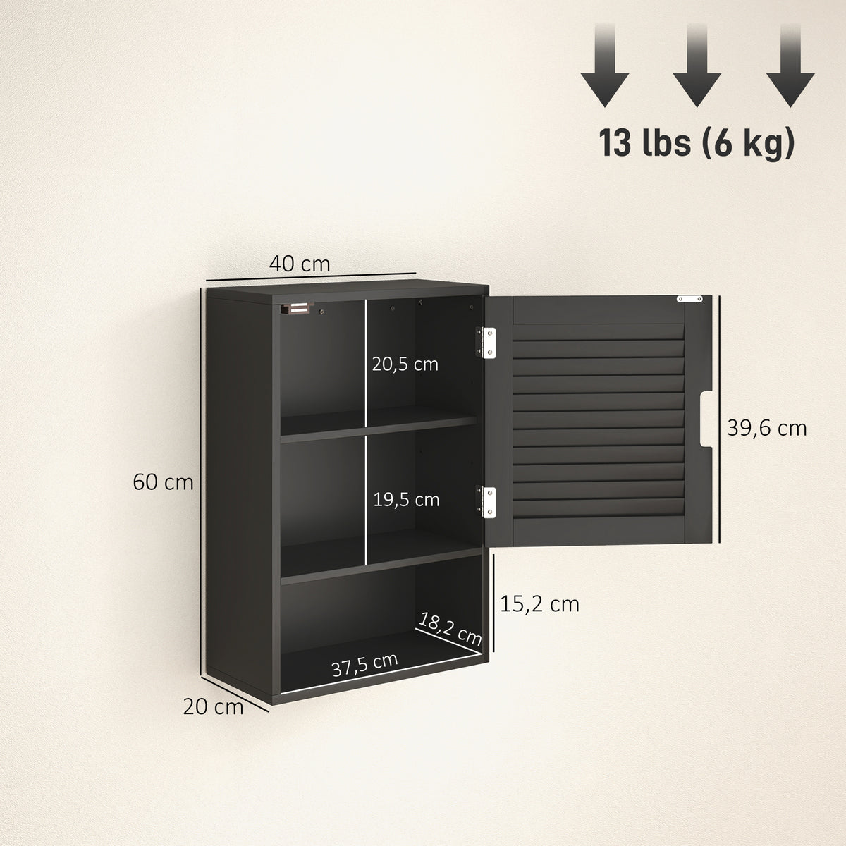 Armoire murale de salle de bain avec porte à lattes, étagère réglable et compartiment ouvert, 40x20x60cm, noir Aosom