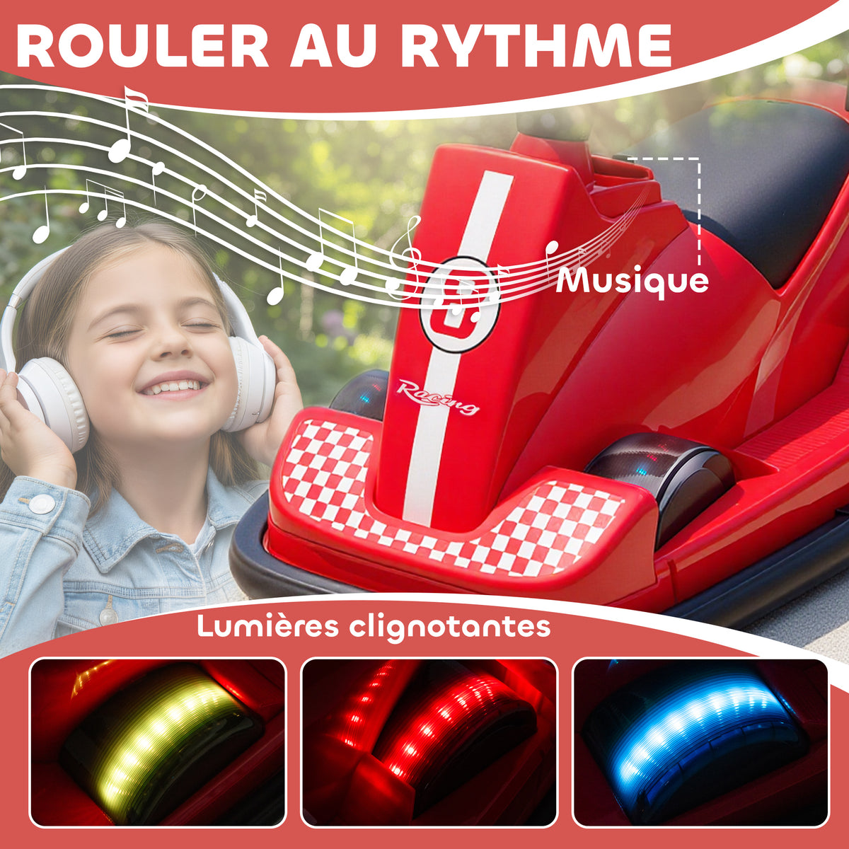 Auto-Tamponneuse Enfant 6V, Rotation à 360°, Musique, Klaxon, Démarrage Doux, 2,5 km/h, pour Âges 3-8, 74x53x48cm, Rouge Aosom